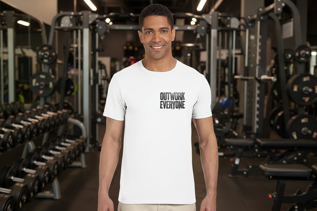 Man wearing a white t-shirt with 'OUTWORK EVERYONE' text on a white background