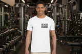 Man wearing a white t-shirt with 'OUTWORK EVERYONE' text on a white background