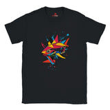 A black t-shirt with a vibrant, geometric design of a fish on the front.