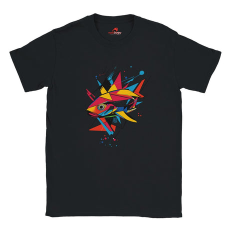 A black t-shirt with a vibrant, geometric design of a fish on the front.