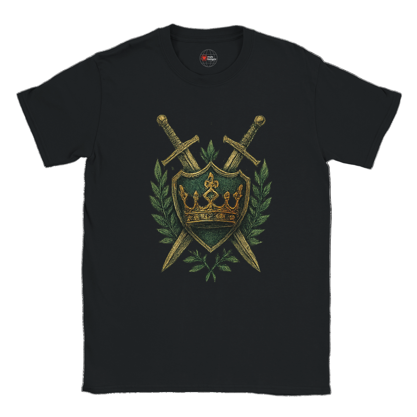 Black t-shirt with a gold and green emblem featuring crossed swords and a crown on a white background.