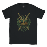 Black t-shirt with a gold and green emblem featuring crossed swords and a crown on a white background.