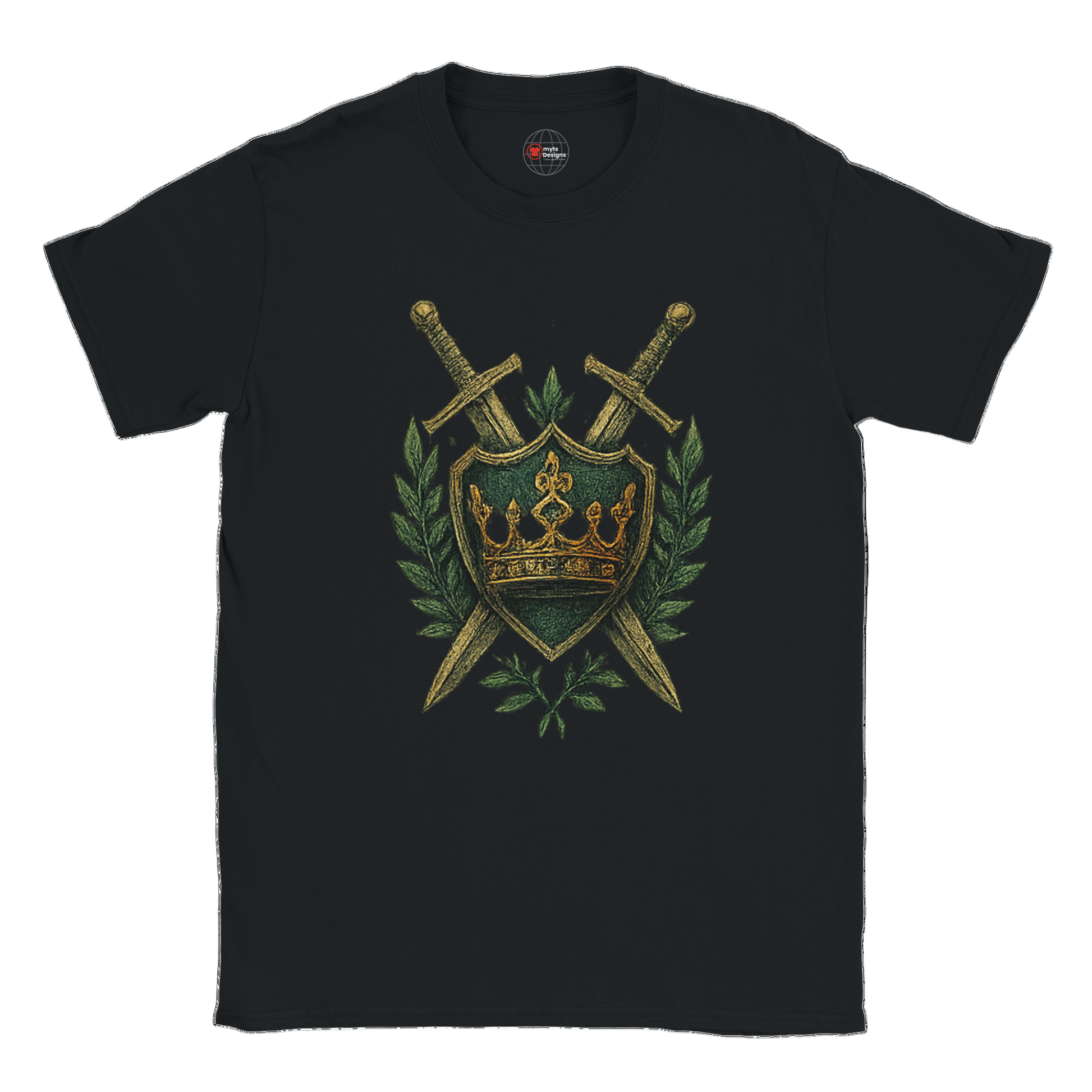 Black t-shirt with a gold and green emblem featuring crossed swords and a crown on a white background.