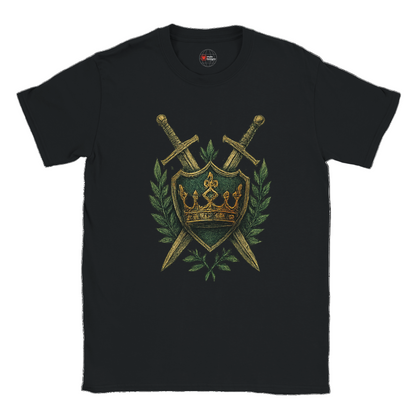 Black t-shirt with a gold and green emblem featuring crossed swords and a crown on a white background.