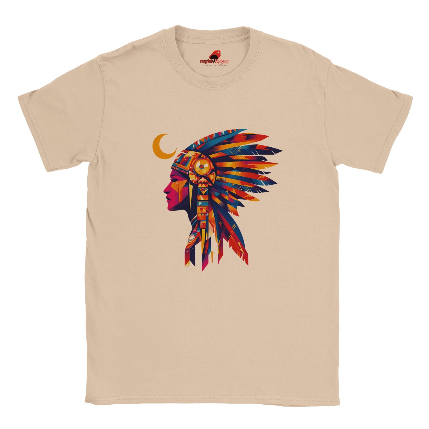 Front view of American Indian Moon T-shirt featuring colorful tribal moon vector art on natural cotton tee