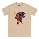 Front view of American Indian Moon T-shirt featuring colorful tribal moon vector art on natural cotton tee