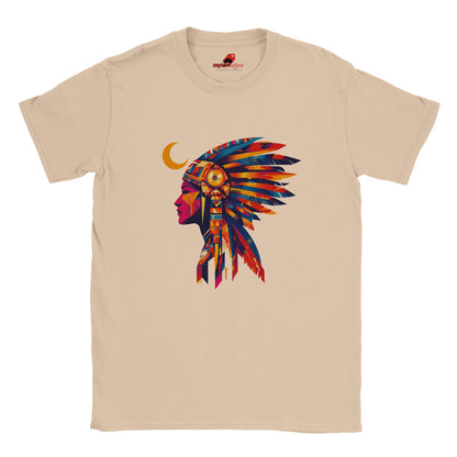 Front view of American Indian Moon T-shirt featuring colorful tribal moon vector art on natural cotton tee