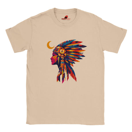 Front view of American Indian Moon T-shirt featuring colorful tribal moon vector art on natural cotton tee