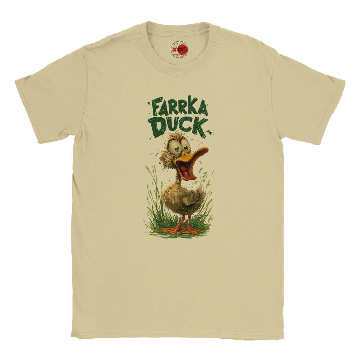 Neutral t-shirt with a cartoon duck and 'Farrka Duck' text on a white background