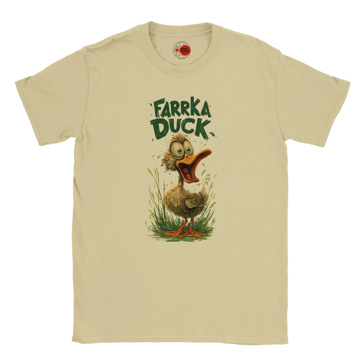 Neutral t-shirt with a cartoon duck and 'Farrka Duck' text on a white background