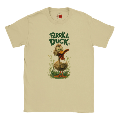 Neutral t-shirt with a cartoon duck and 'Farrka Duck' text on a white background