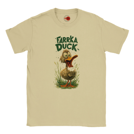 Neutral t-shirt with a cartoon duck and 'Farrka Duck' text on a white background