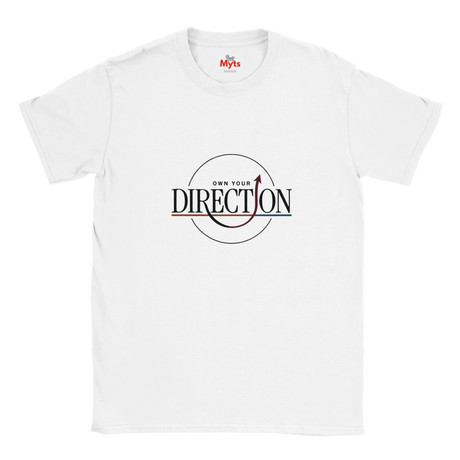 White t-shirt with text 'Own Your Direction' and a graphic on a white background