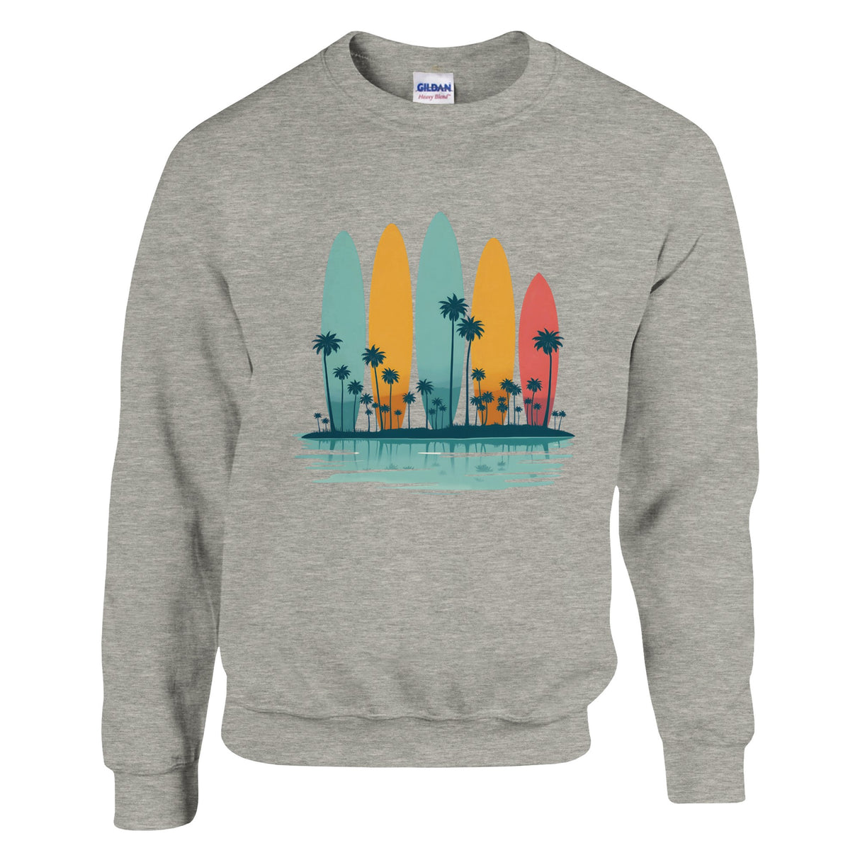 Gray sweatshirt with colorful surfboard design and palm trees on a white background