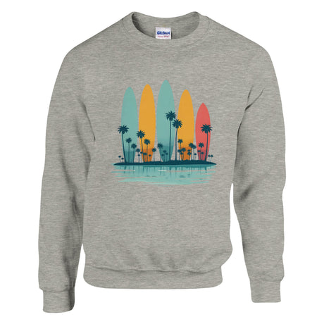 Gray sweatshirt with colorful surfboard design and palm trees on a white background