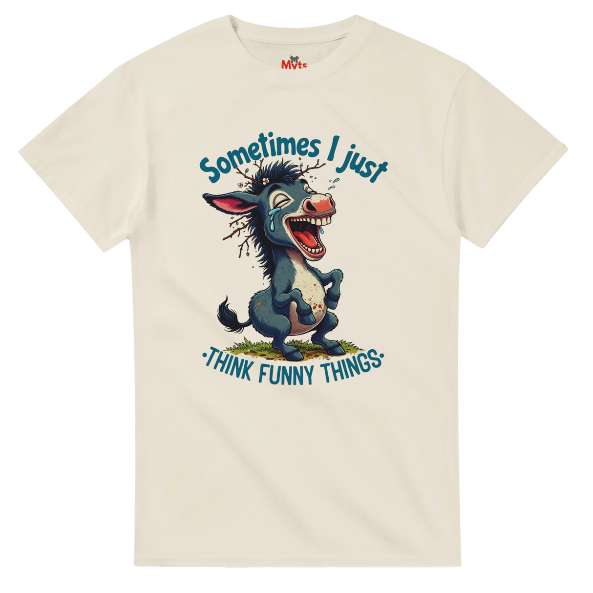 Beige t-shirt with cartoon donkey and humorous text on a white background