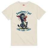 Beige t-shirt with cartoon donkey and humorous text on a white background