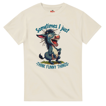 Beige t-shirt with cartoon donkey and humorous text on a white background