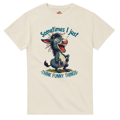 Beige t-shirt with cartoon donkey and humorous text on a white background