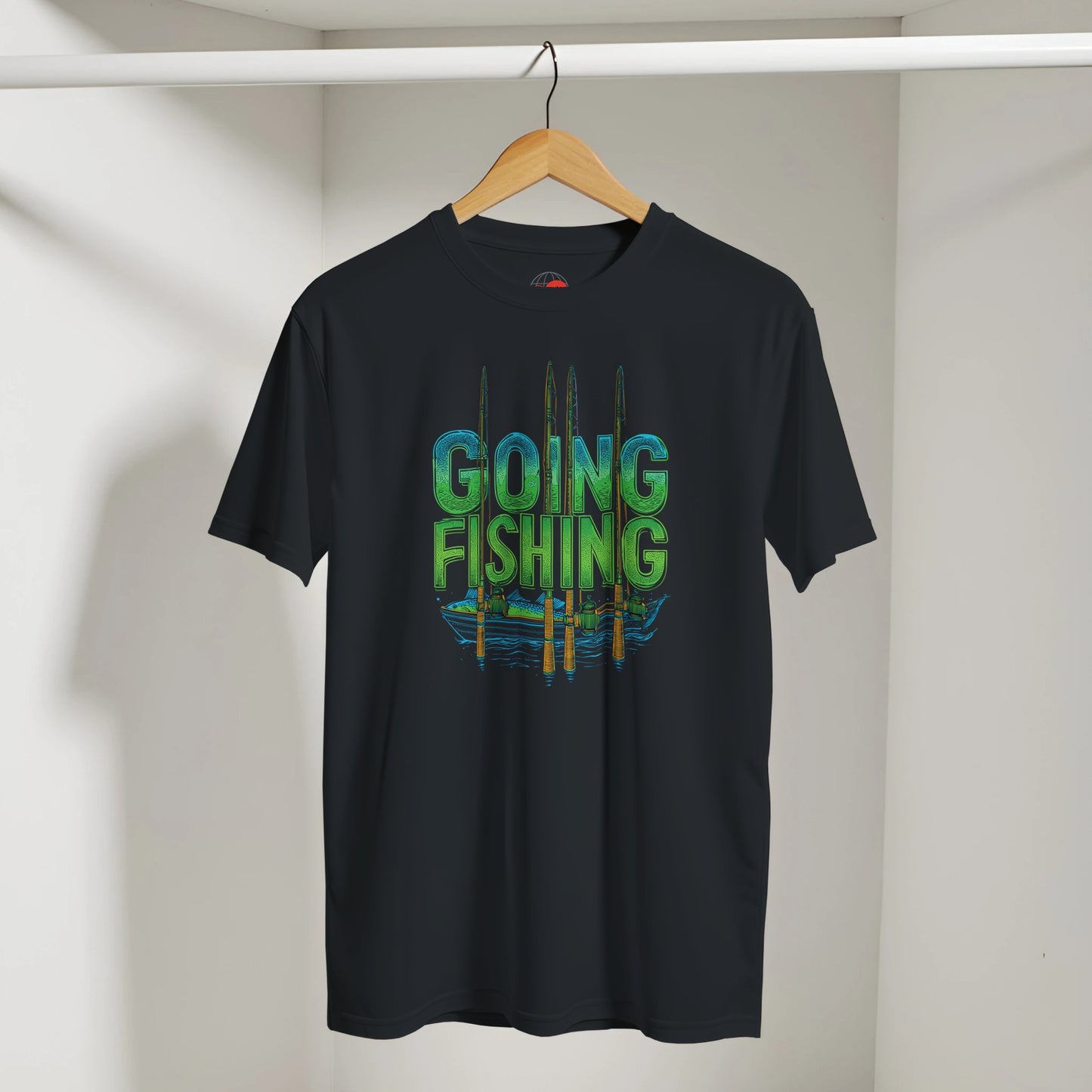 Black t-shirt with 'Going Fishing' graphic on a hanger against a white wall