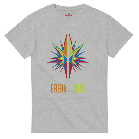 Gray t-shirt with a colorful star design and 'Break Limits' text on a white background