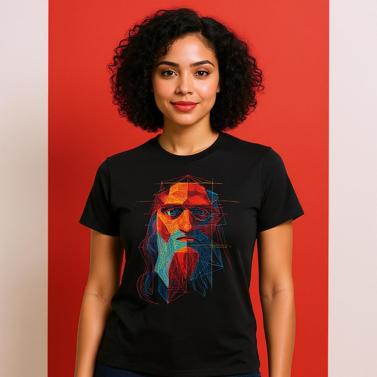 Person wearing a black t-shirt with a colorful graphic design on a red background