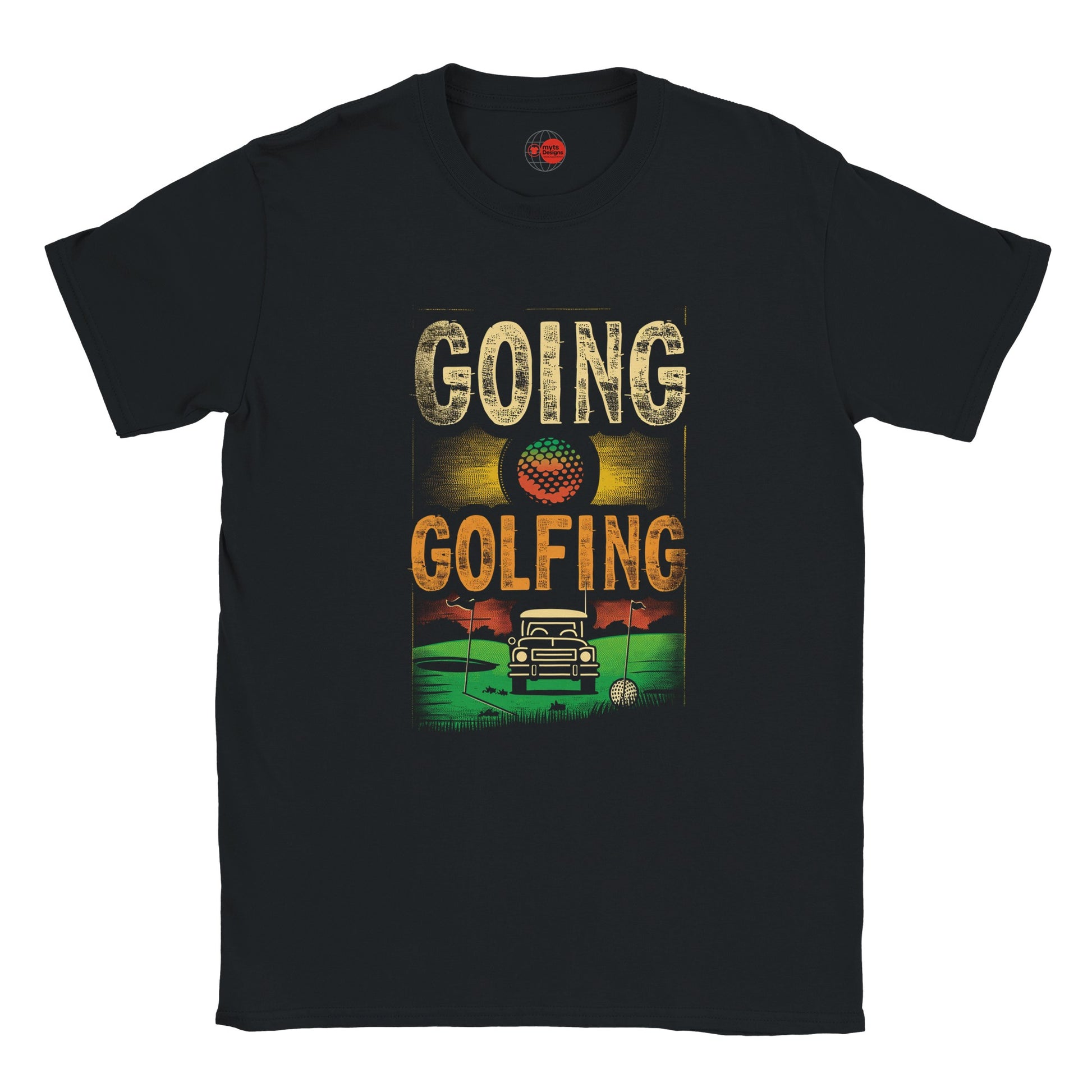 Black t-shirt with 'Going Golfing' graphic design on a white background