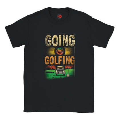 Black t-shirt with 'Going Golfing' graphic design on a white background
