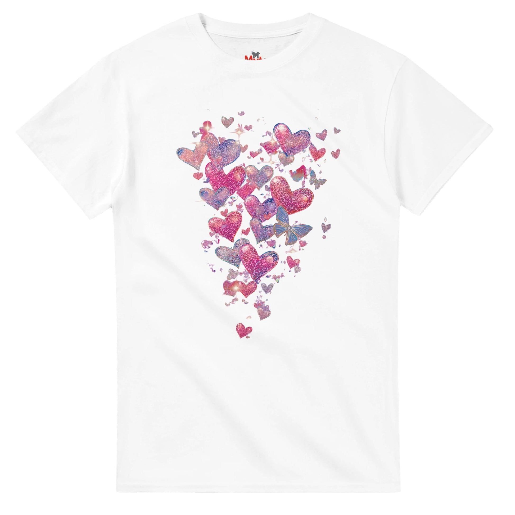 White t-shirt with colorful heart pattern on a white background