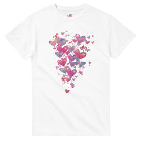 White t-shirt with colorful heart pattern on a white background