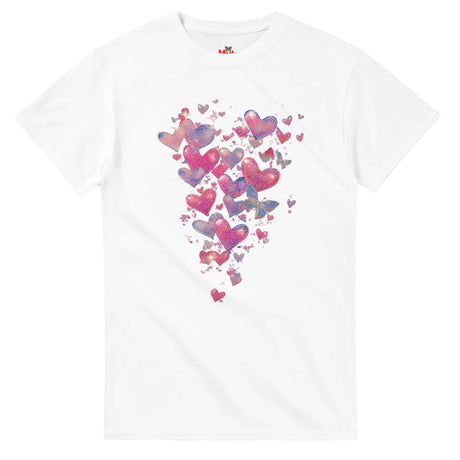 White t-shirt with colorful heart pattern on a white background