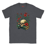 Dark Heather t-shirt with a skull, books, and flowers design on a white background
