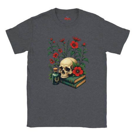 Dark Heather t-shirt with a skull, books, and flowers design on a white background