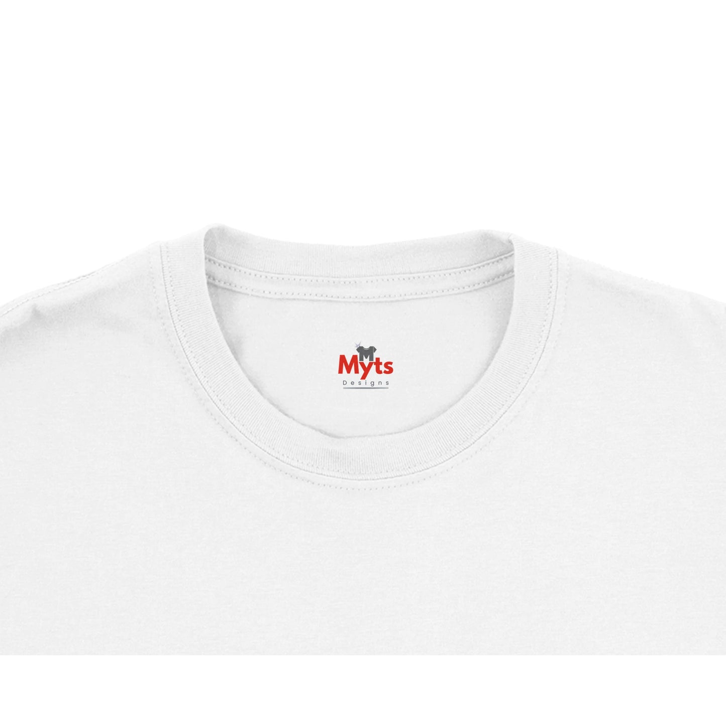 White t-shirt with a red and black logo on the collar against a white background