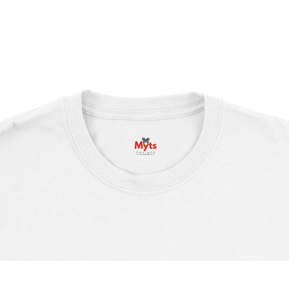 White t-shirt with a red and black logo on the collar against a white background