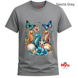 A sports grey graphic T-shirt featuring three colourful seahorses, blue butterflies, tropical flowers, starfish and seashells in a vibrant ocean wildlife design.