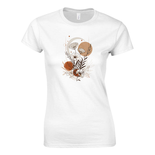 White t-shirt with a floral design on a white background