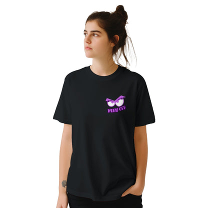 Person wearing a black t-shirt with a graphic design on a white background