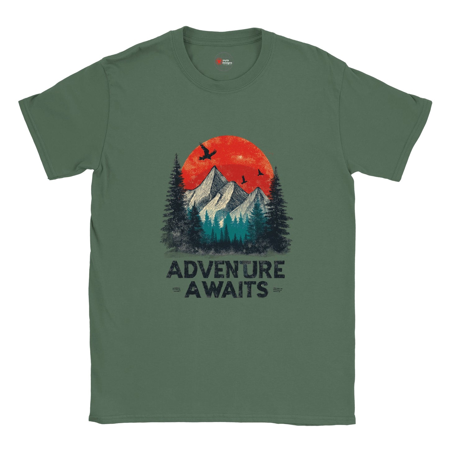 Military Green unisex cotton T-shirt with a retro “Adventure Awaits” camping graphic—featuring a vintage tent scene, outdoors motif, and bold typography; soft Gildan 64000 fabric from MytsDesigns.