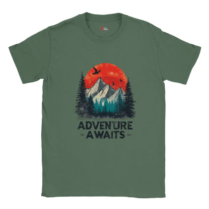 Military Green unisex cotton T-shirt with a retro “Adventure Awaits” camping graphic—featuring a vintage tent scene, outdoors motif, and bold typography; soft Gildan 64000 fabric from MytsDesigns.