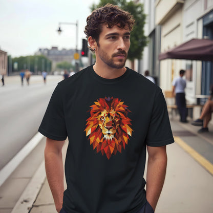 Man wearing a black t-shirt with a colorful lion graphic on a city street.