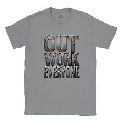 Gray t-shirt with 'OUT WORK EVERYONE' text design on a white background