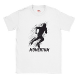 White t-shirt with black graphic of a running person and 'Momentum' text on a white background