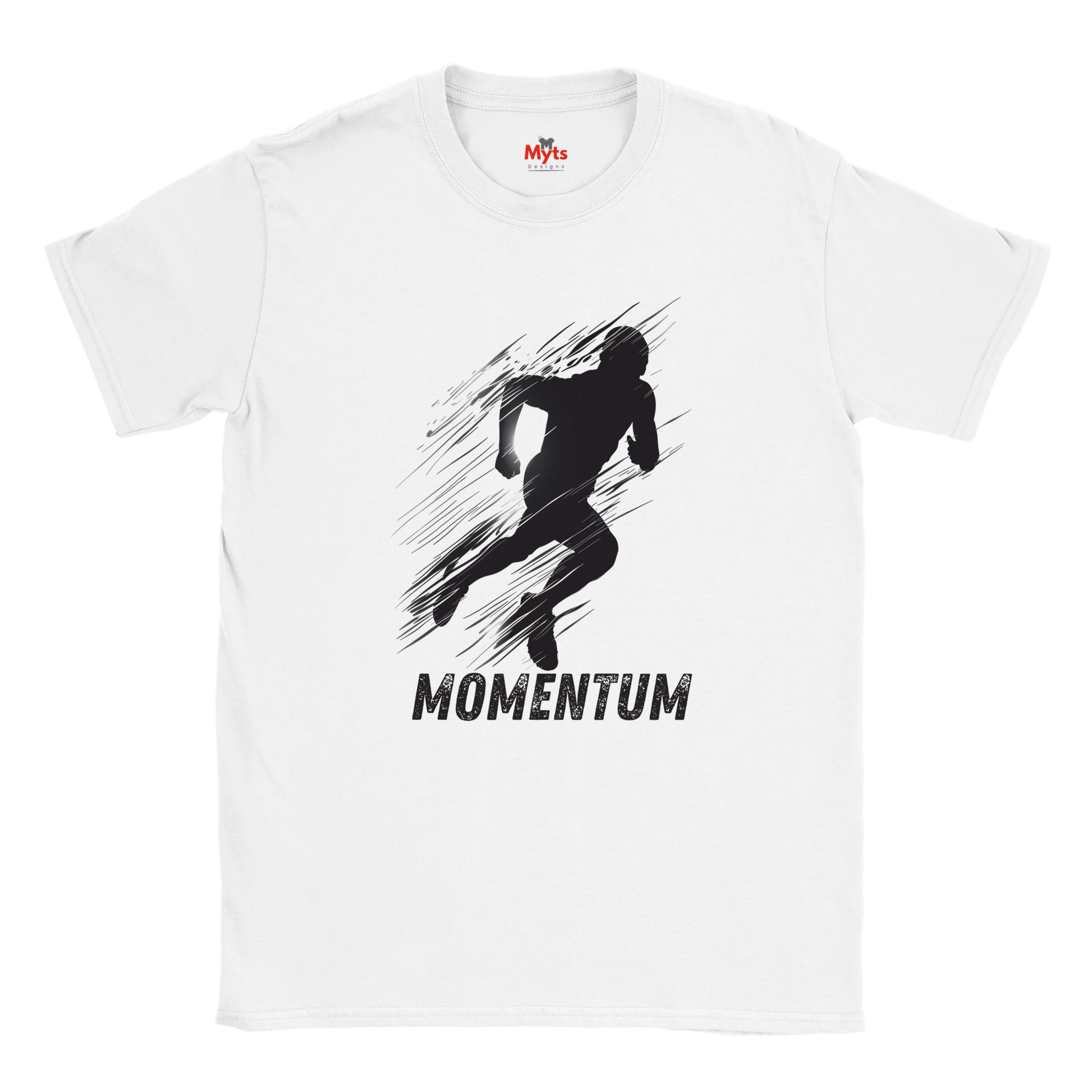 White t-shirt with black graphic of a running person and 'Momentum' text on a white background