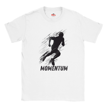 White t-shirt with black graphic of a running person and 'Momentum' text on a white background