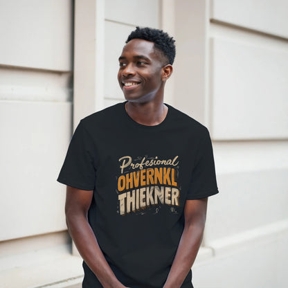 Man wearing a black t-shirt with text standing against a neutral background