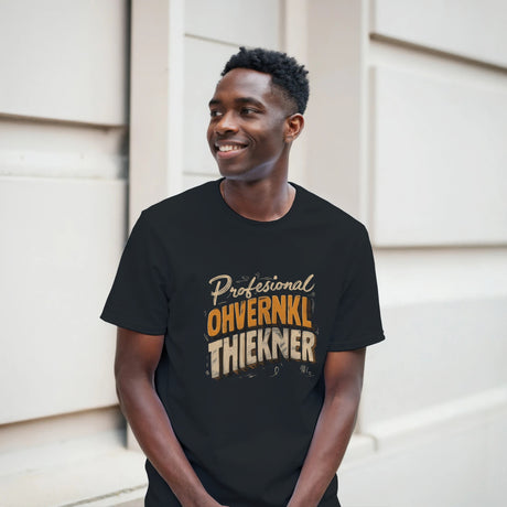 Man wearing a black t-shirt with text standing against a neutral background