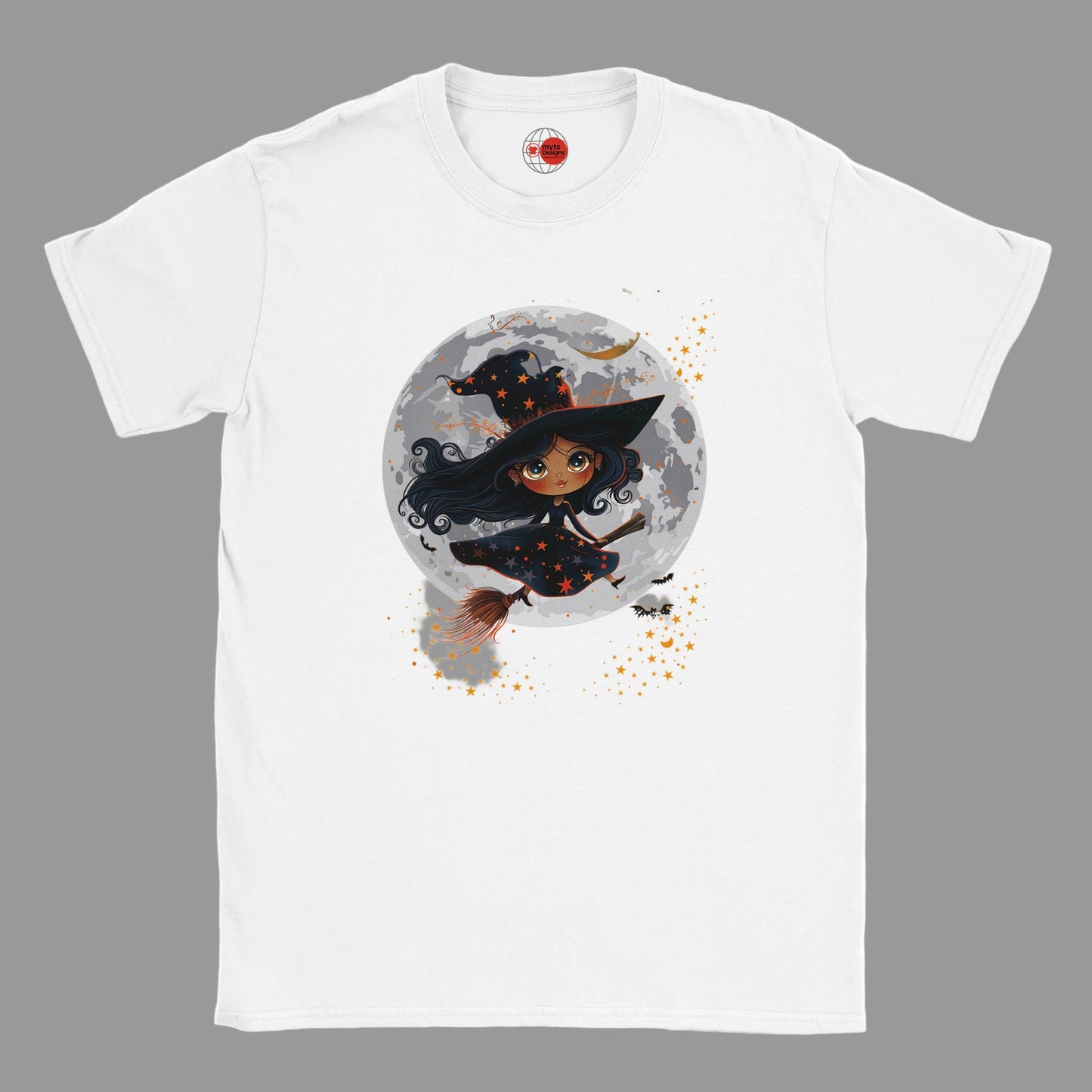 White t-shirt with a Halloween-themed design of a witch on a moon, on a white background.