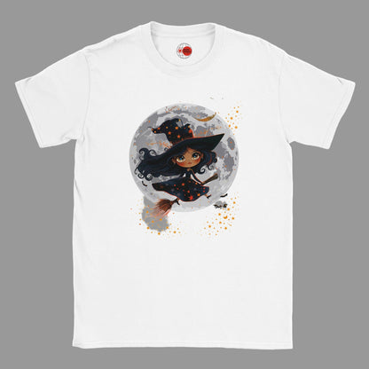 White t-shirt with a Halloween-themed design of a witch on a moon, on a white background.