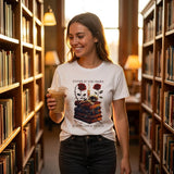 Woman in a library wearing a t-shirt with a bookshelf design, holding a drink.